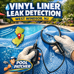 Technician detecting leaks in a vinyl pool liner using equipment in West Windsor, NJ.