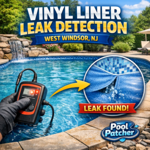 Technician inspecting a vinyl liner pool for leaks using electronic detection equipment in West Windsor, NJ.