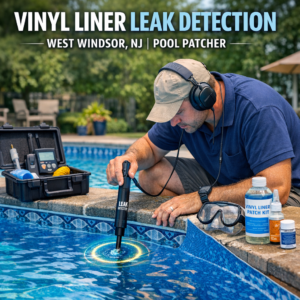 Technician uses specialized tools to detect vinyl liner leaks in a residential pool in West Windsor, NJ.