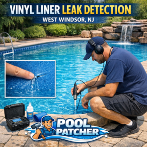 Technician using equipment to detect leaks in a vinyl liner swimming pool in West Windsor, NJ.