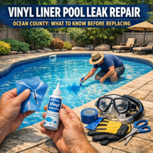 Close-up of a person repairing a vinyl liner pool leak using patch materials and tools.