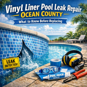 Close-up of a damaged vinyl liner in a pool being repaired in Ocean County.