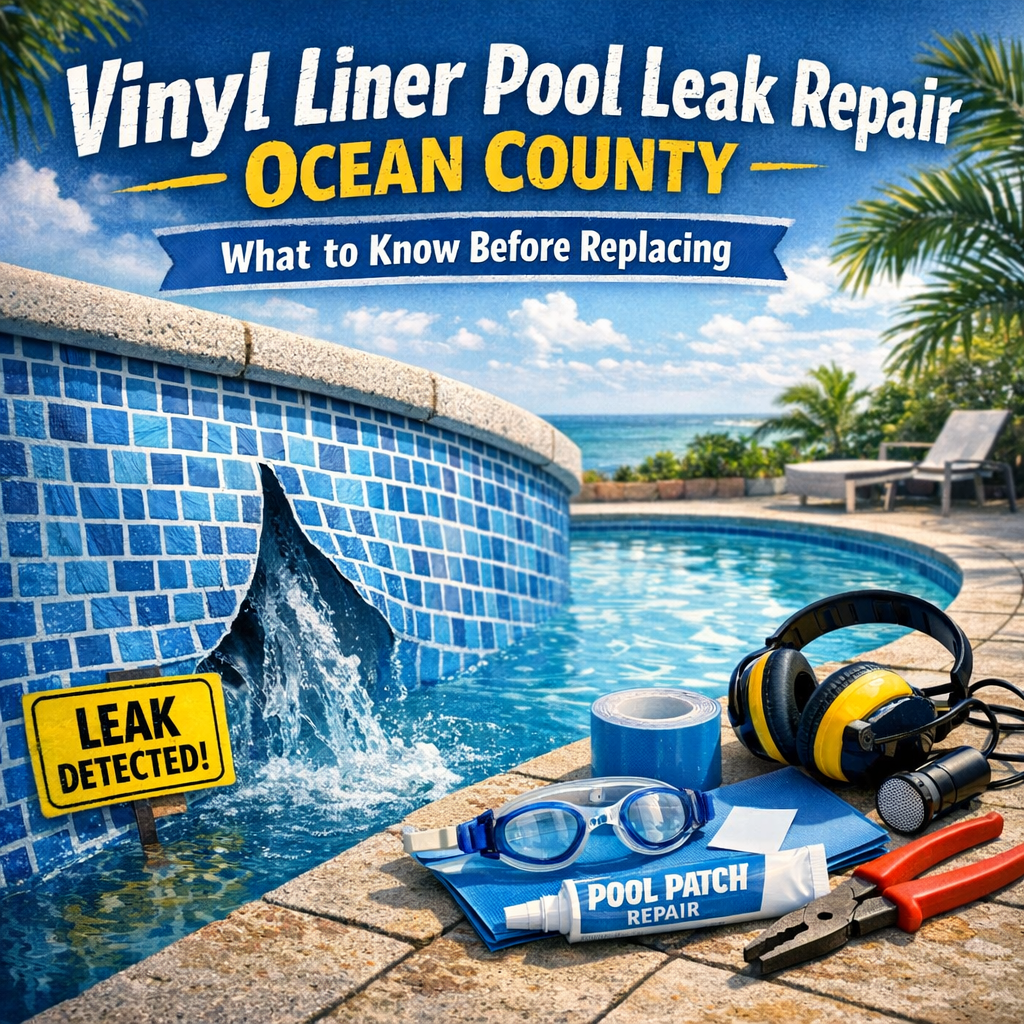 Close-up of a damaged vinyl liner in a pool being repaired in Ocean County.