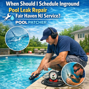 Technician using equipment to detect and repair an inground pool leak in Fair Haven, NJ.