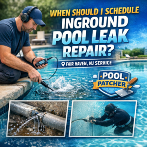 Technician inspecting an inground pool for leaks with repair tools in Fair Haven, NJ.