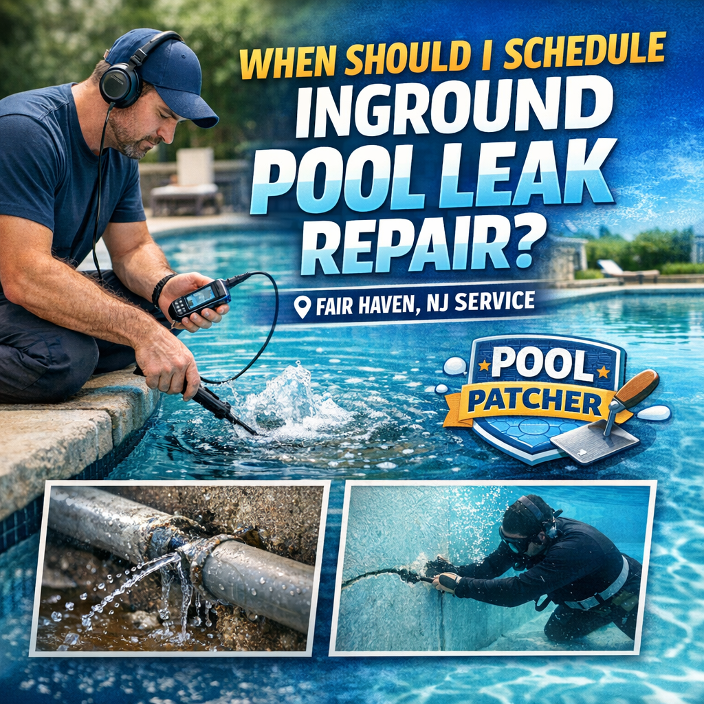 Technician inspecting an inground pool for leaks with repair tools in Fair Haven, NJ.