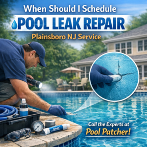 Technician inspecting a backyard pool for leak repair service in Plainsboro, NJ.