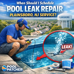 Technician inspecting and repairing a pool leak in Plainsboro, NJ with professional equipment and tools.