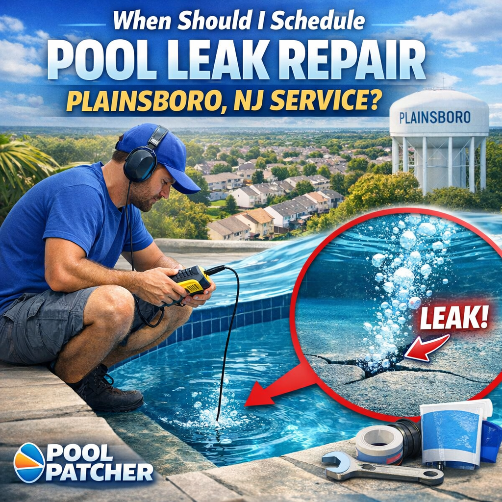 Technician inspecting and repairing a pool leak in Plainsboro, NJ with professional equipment and tools.