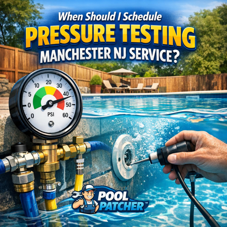 Technician performing pressure testing on a swimming pool pipe in Manchester, NJ by Pool Patcher.