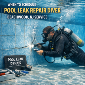Diver inspecting underwater pool for leaks during a repair service in Beachwood, NJ.