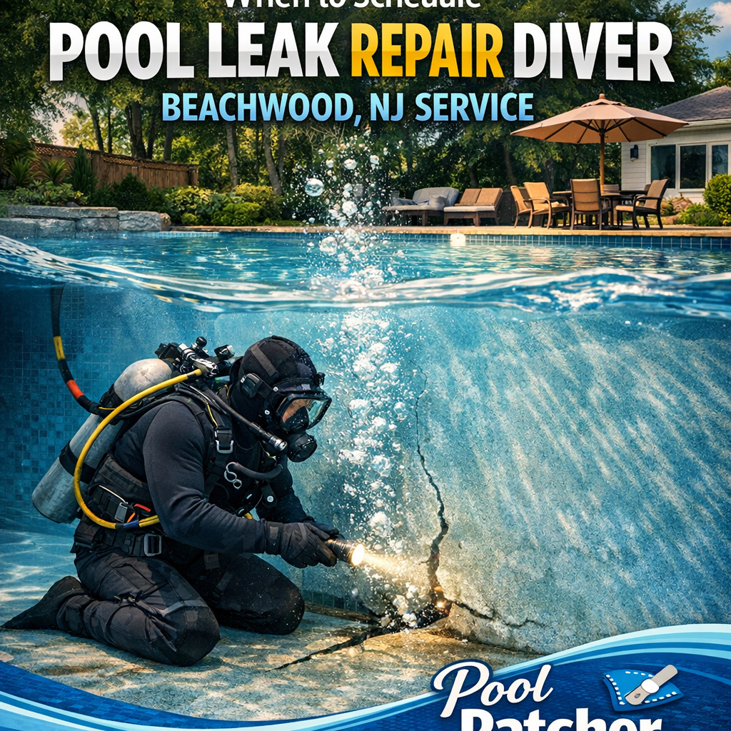 Professional diver repairing a leak underwater in a residential pool in Beachwood, NJ.