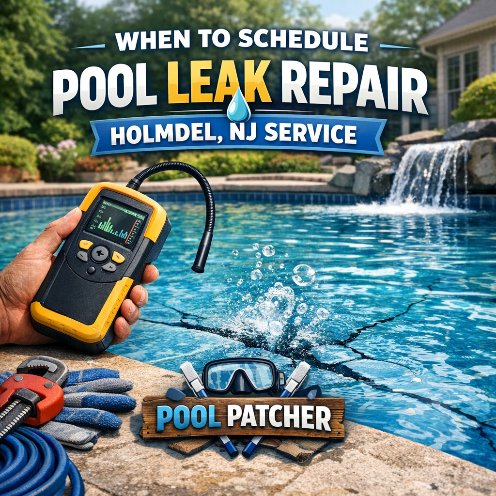Technician inspecting and repairing a swimming pool leak with specialized equipment in Holmdel, NJ.