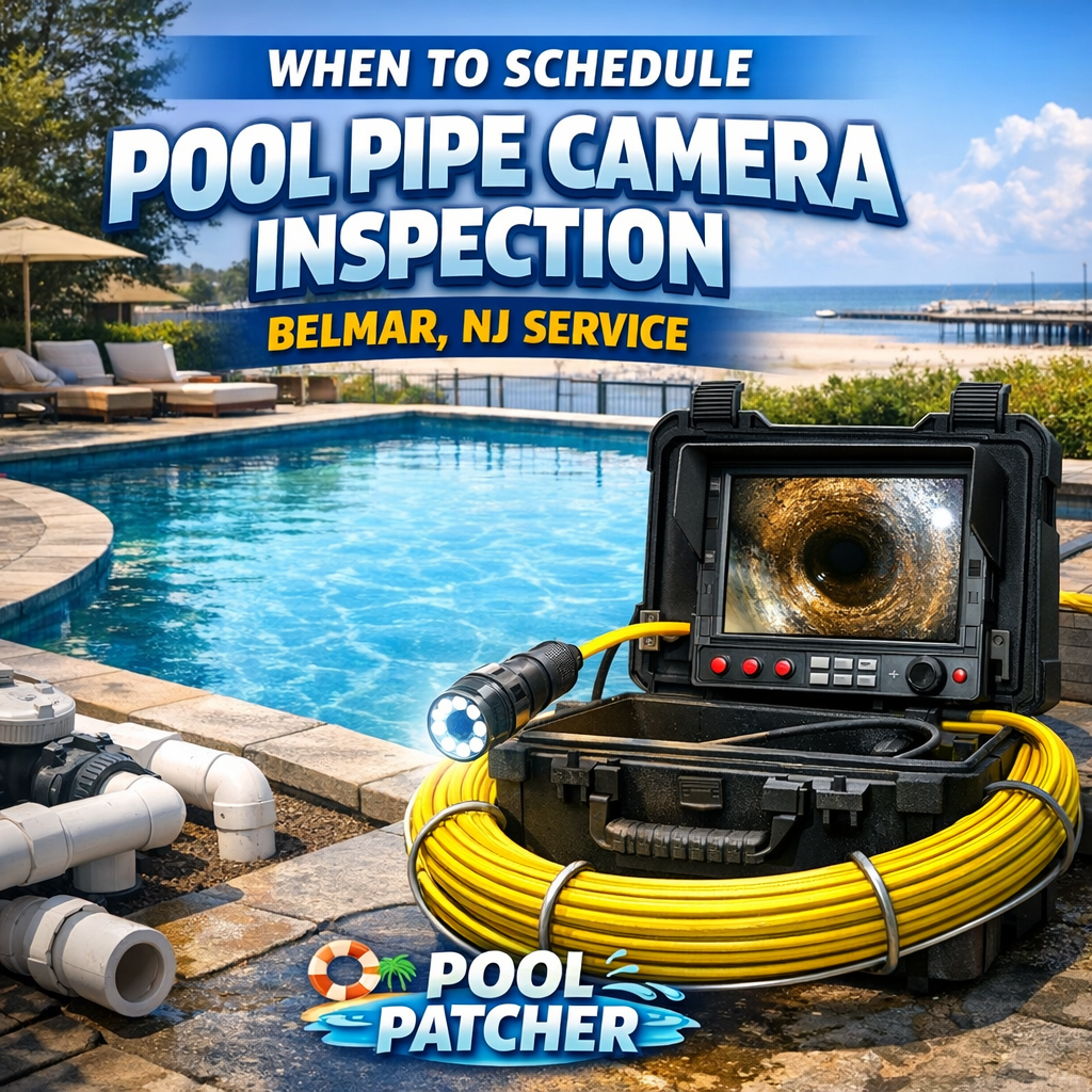 Technician performing pool pipe camera inspection using specialized equipment in Belmar, NJ.