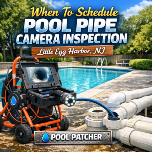 Technician conducting pool pipe camera inspection with equipment near outdoor pool in Little Egg Harbor, NJ.