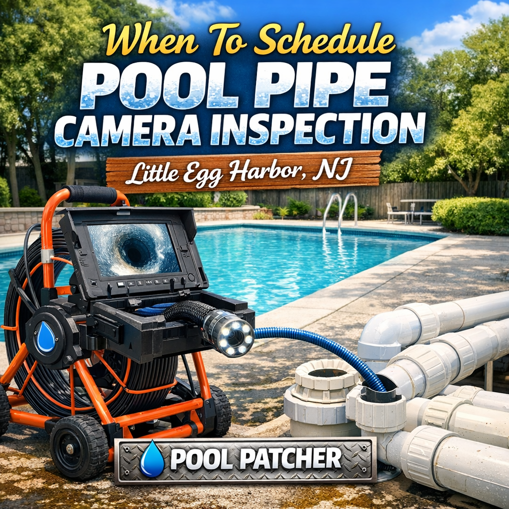 Technician conducting pool pipe camera inspection with equipment near outdoor pool in Little Egg Harbor, NJ.