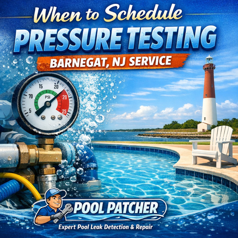 Technician performing pressure testing on a pool plumbing system in Barnegat, NJ with specialized equipment.