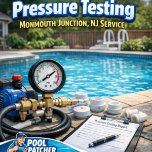 Technician performing pressure testing on a pool system using specialized equipment in Monmouth Junction, NJ.