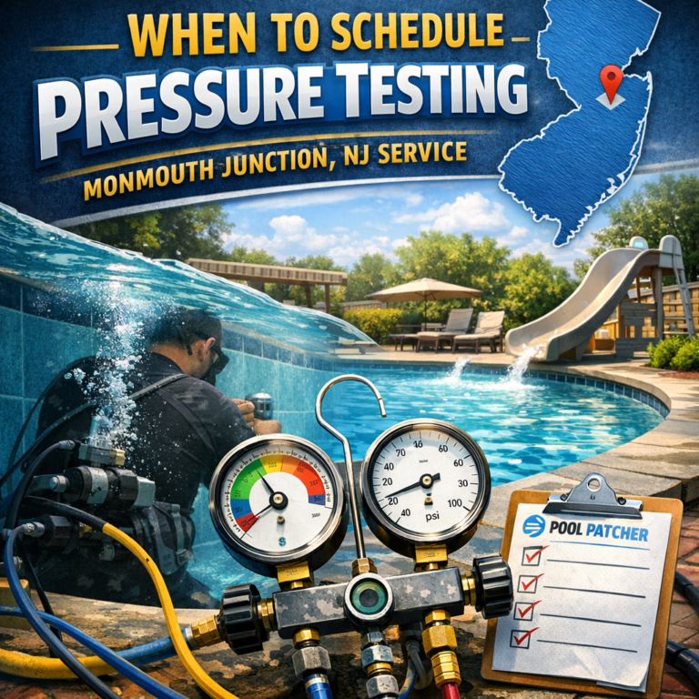 Technician performing pressure testing on pool pipes in Monmouth Junction, NJ with specialized equipment.