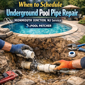 Technician repairing underground pool pipes with tools near a backyard pool in Monmouth Junction, NJ.