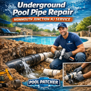 Technician repairing underground pool pipe with tools and pipes visible in Monmouth Junction, NJ.