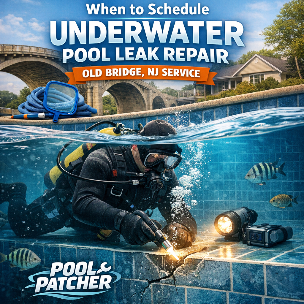 Technician in scuba gear repairs an underwater pool leak using specialized tools in Old Bridge, NJ.