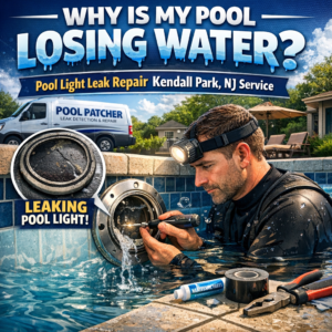 Technician repairing a pool light leak to stop water loss in a swimming pool in Kendall Park, NJ.