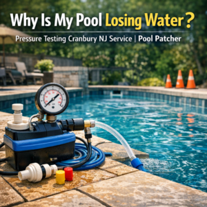 Pressure testing equipment set up beside a pool to detect water loss in Cranbury, NJ.