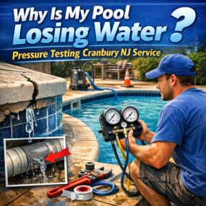 Technician performing pressure testing to detect water loss in a residential pool in Cranbury, NJ.