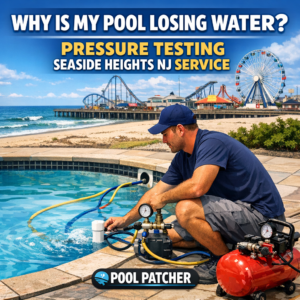 Technician performing pressure test on pool pipes in Seaside Heights to find water loss source.