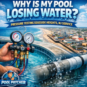 Technician performing pressure testing on a pool plumbing system to detect water loss in Seaside Heights, NJ.