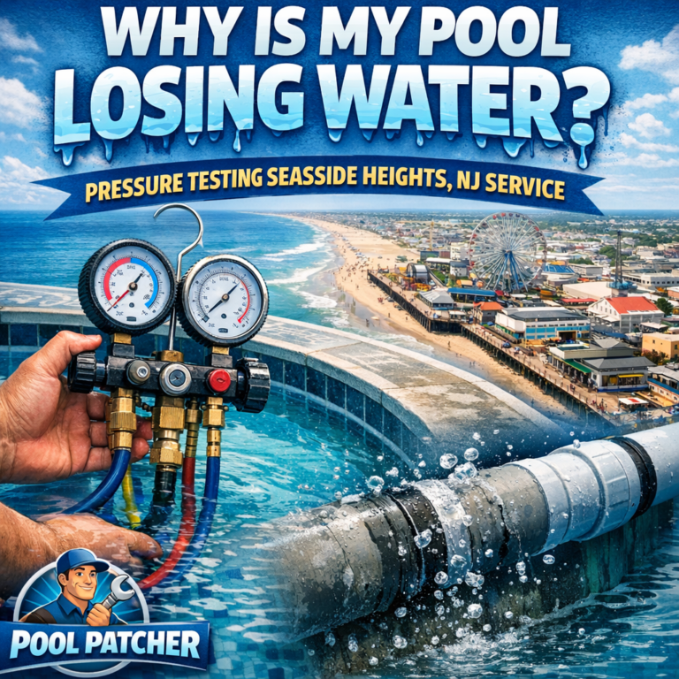 Technician performing pressure testing on a pool plumbing system to detect water loss in Seaside Heights, NJ.