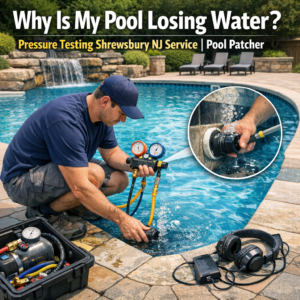 Professional technician performing pressure testing on a pool to fix water loss in Shrewsbury, NJ.