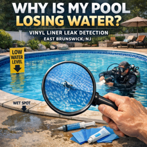 Technician inspecting vinyl liner pool for leaks, using hose and tools near wet spots in East Brunswick, NJ.