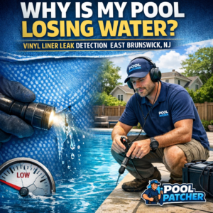 Technician inspects a vinyl liner pool with leak detection equipment in East Brunswick, NJ.