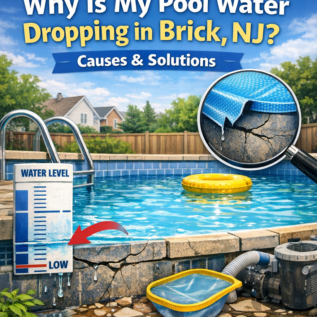 Illustration showing causes and solutions for pool water level dropping in Brick, NJ with icons and text.