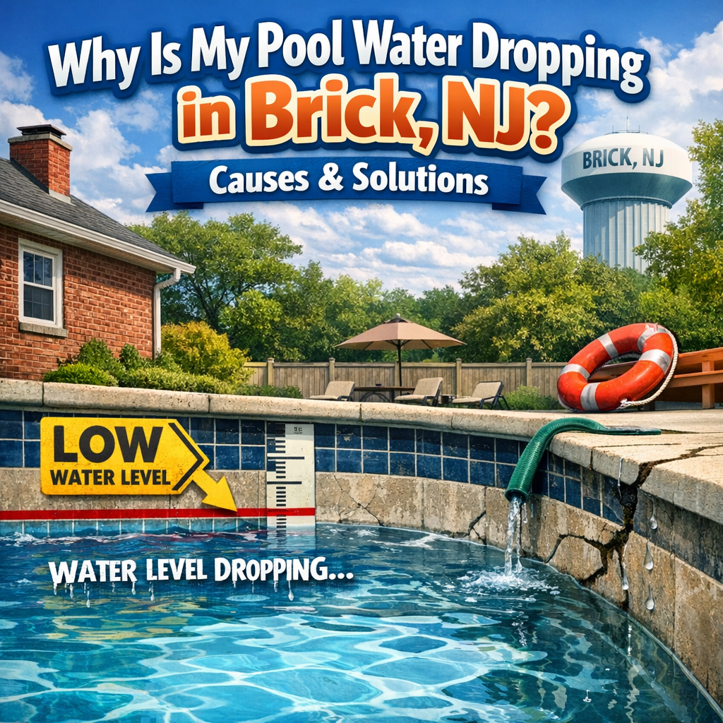 Diagram showing causes and solutions for pool water level dropping in Brick, NJ, with icons for evaporation, leaks, and repai