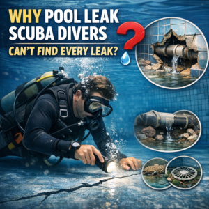 Scuba diver underwater inspecting pool leaks with close-up views of damaged pipes and drains.