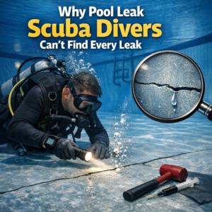 Scuba diver underwater inspecting a pool leak with tools, showing a magnified view of a small crack.