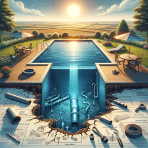 Illustration of a backyard pool with exposed engineering blueprints and construction tools underneath.