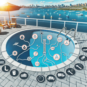 Infographic showing swimming pool maintenance tips and water quality factors with a city skyline background.