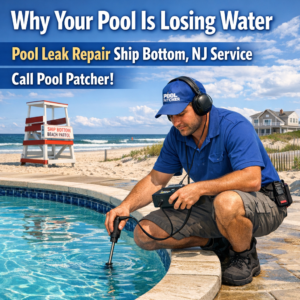 Man repairing a leaking swimming pool with tools, addressing water loss in Ship Bottom, NJ.