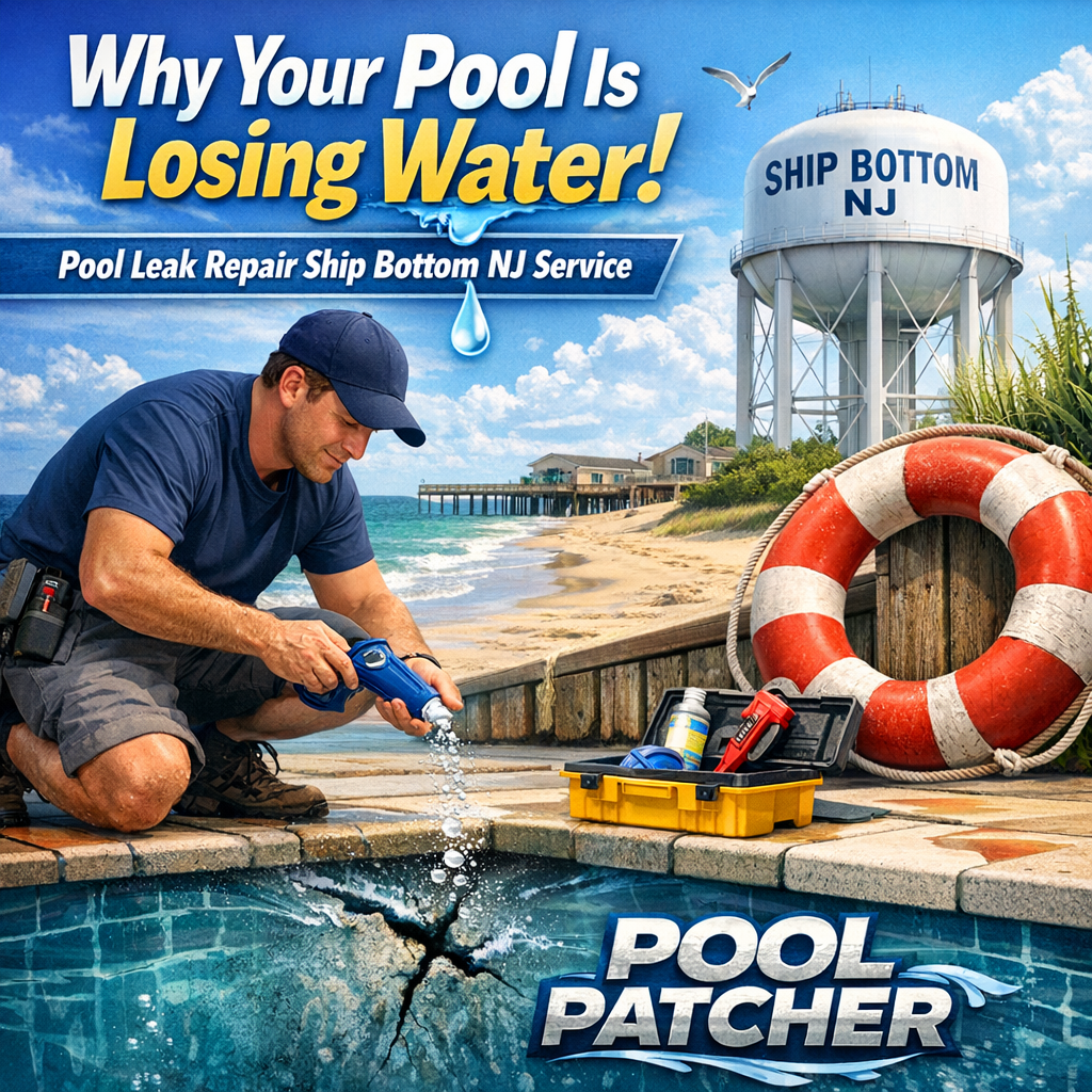 Diagram showing common pool leak areas and repair services in Ship Bottom, NJ to stop water loss.