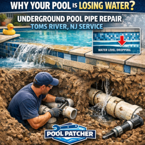 Diagram showing underground pool pipe repair to fix water loss in a backyard pool in Toms River, NJ.