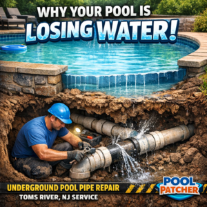 Diagram showing underground pool pipe repair to prevent water loss in Toms River, NJ.