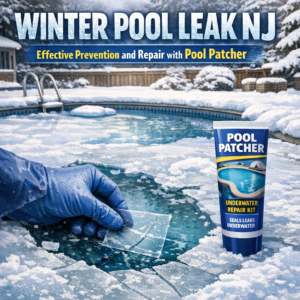 Underwater view of a person repairing a winter pool leak with a Pool Patcher kit in New Jersey.