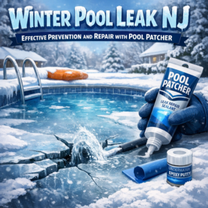 Close-up of a hand applying epoxy putty to a pool crack for winter leak repair and prevention in NJ.