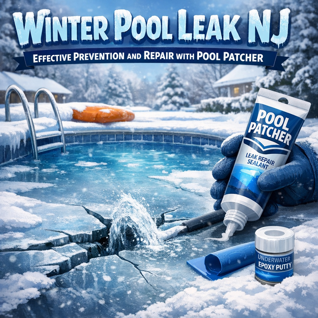 Close-up of a hand applying epoxy putty to a pool crack for winter leak repair and prevention in NJ.