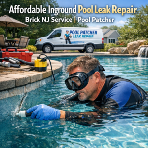 Technician repairing an inground pool leak using specialized equipment in Brick, NJ.