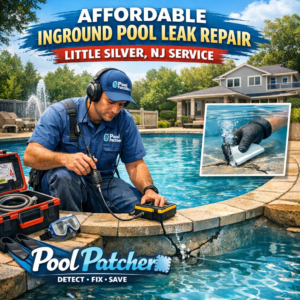 Technician repairing an inground pool leak outdoors in Little Silver, NJ.
